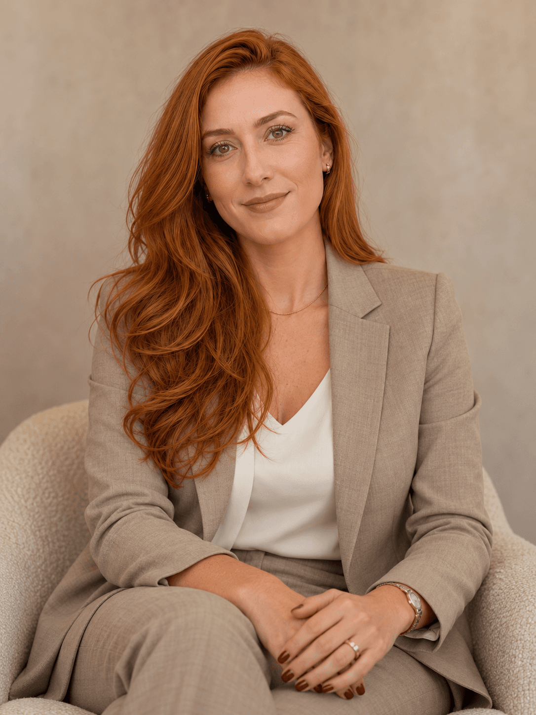 Dra. Sofia Kael sentada em uma poltrona de tom neutro, usando um blazer bege-acinzentado e com as mãos apoiadas no colo.